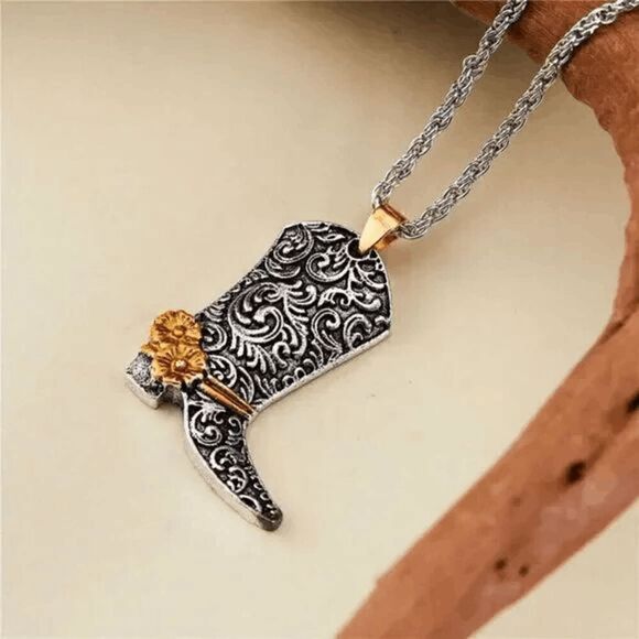 Silver Filigree Cowboy Boot Gold Flower Pendant Necklace with Hanging Gold Rose - Picture 4 of 5